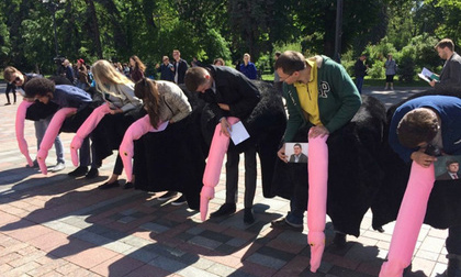 Верховную Раду пикетируют люди, нарядившиеся розовыми страусами