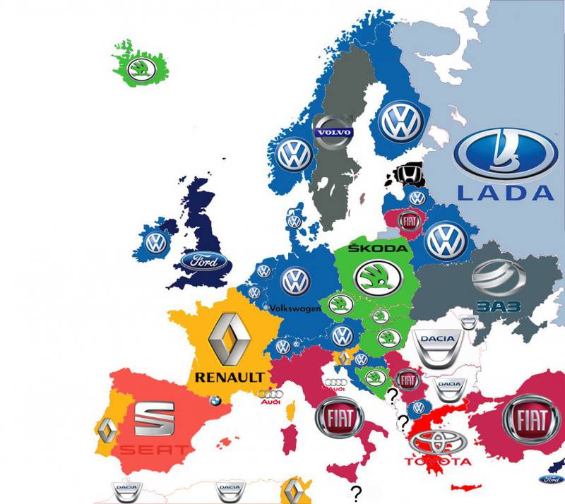 Карта популярности автомобильных марок в европейских странах